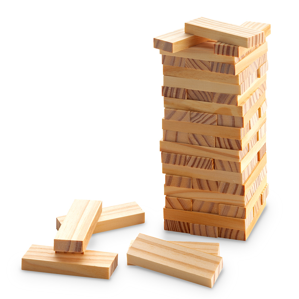 Juego de habilidad, JENGA, torre de tacos de madera.